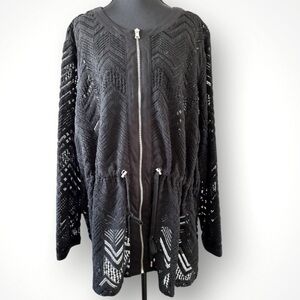 Ruby Rd Black Open Weave Zip Up Long Sleeve Mid Thigh Swim Coverup Size 3X